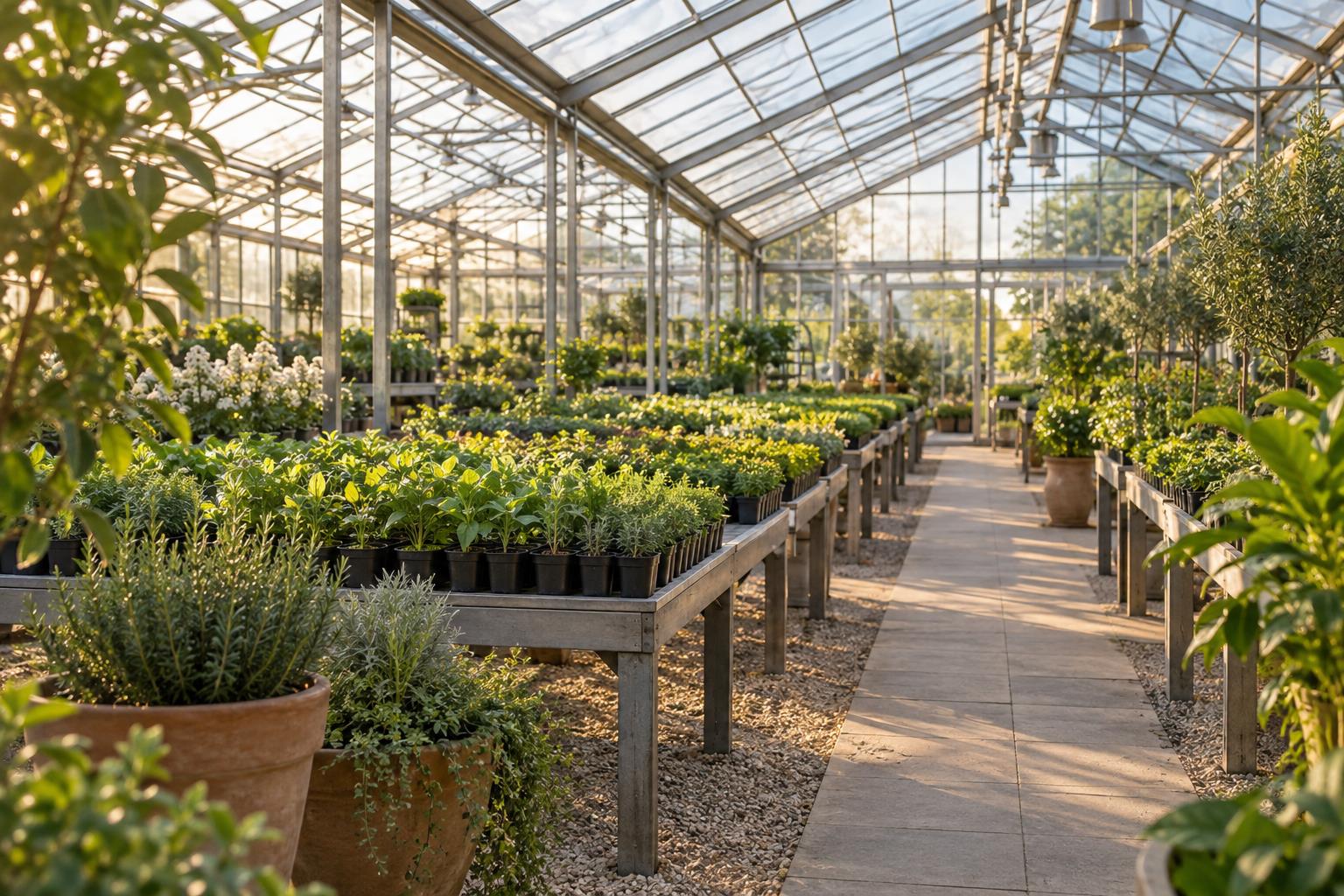 Conceptual greenhouse with rows of seedlings and nursery pots